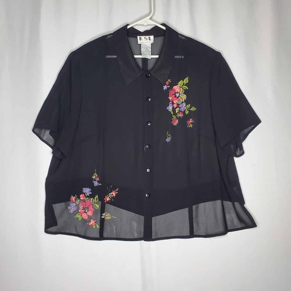 Karin Stevens Top Women 24W Black Sheer Open Back Short Sleeve Beaded Flower 90s - Picture 1 of 11